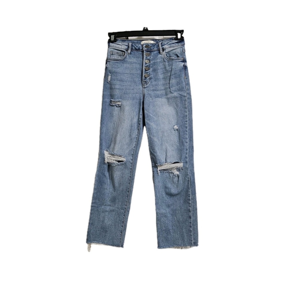 Hidden Jeans Straight Leg Women 27 Blue High Rise Distressed Button Fly Raw Hem